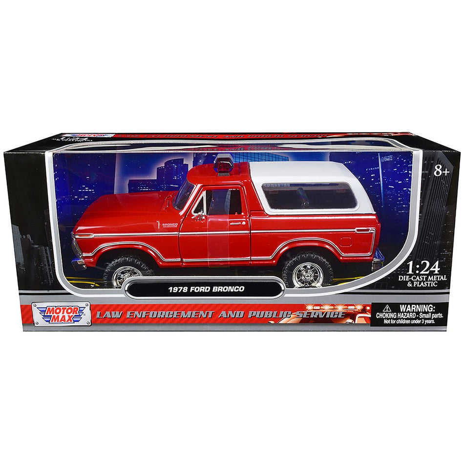 1978 Ford Bronco Fire Department Unmarked Red "Law Enforcement and Public Service" Series 1/24 Diecast Model Car by Motormax