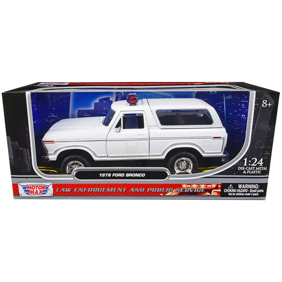 1978 Ford Bronco Police Car Unmarked White "Law Enforcement and Public Service" Series 1/24 Diecast Model Car by Motormax