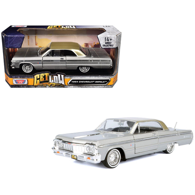 1964 Chevrolet Impala Lowrider Hard Top Silver Metallic with Gold Metallic Top "Get Low" Series 1/24 Diecast Model Car by Motormax