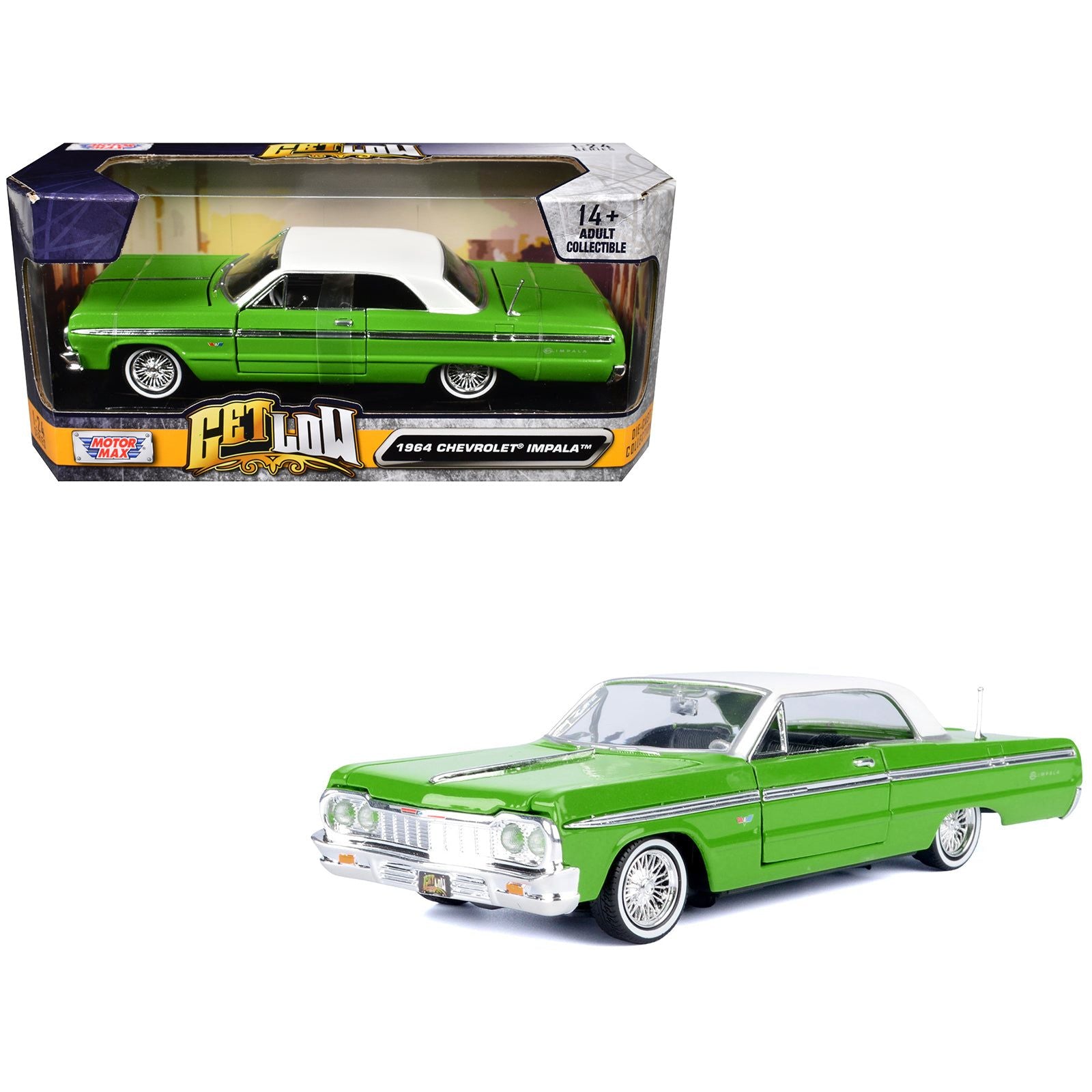 1964 Chevrolet Impala Lowrider Hard Top Green with White Top "Get Low" Series 1/24 Diecast Model Car by Motormax