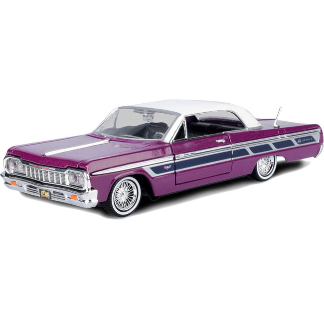 1964 Chevrolet Impala Lowrider Hard Top Purple Metallic with White Top "Get Low" Series 1/24 Diecast Model Car by Motormax