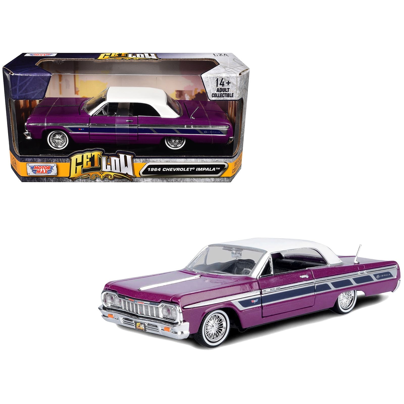 1964 Chevrolet Impala Lowrider Hard Top Purple Metallic with White Top "Get Low" Series 1/24 Diecast Model Car by Motormax