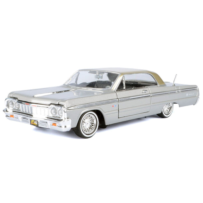 1964 Chevrolet Impala Lowrider Hard Top Silver Metallic with Gold Metallic Top "Get Low" Series 1/24 Diecast Model Car by Motormax
