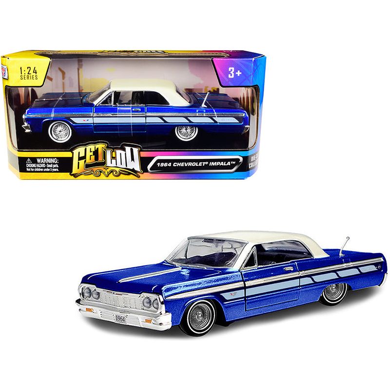 1964 Chevrolet Impala Lowrider Hard Top Candy Blue Metallic with Cream Top "Get Low" Series 1/24 Diecast Model Car by Motormax