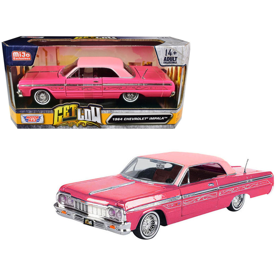 1964 Chevrolet Impala Lowrider Hard Top Pink with Graphics and Light Pink Top "Get Low" Series 1/24 Diecast Model Car by Motormax