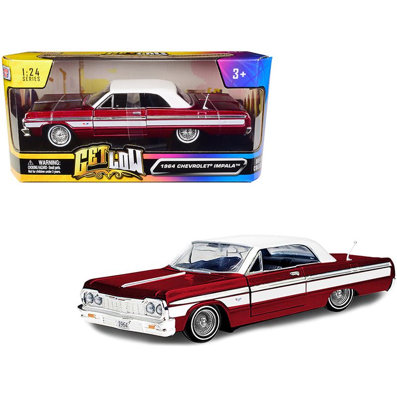 1964 Chevrolet Impala Lowrider Hard Top Candy Red Metallic with White Top "Get Low" Series 1/24 Diecast Model Car by Motormax