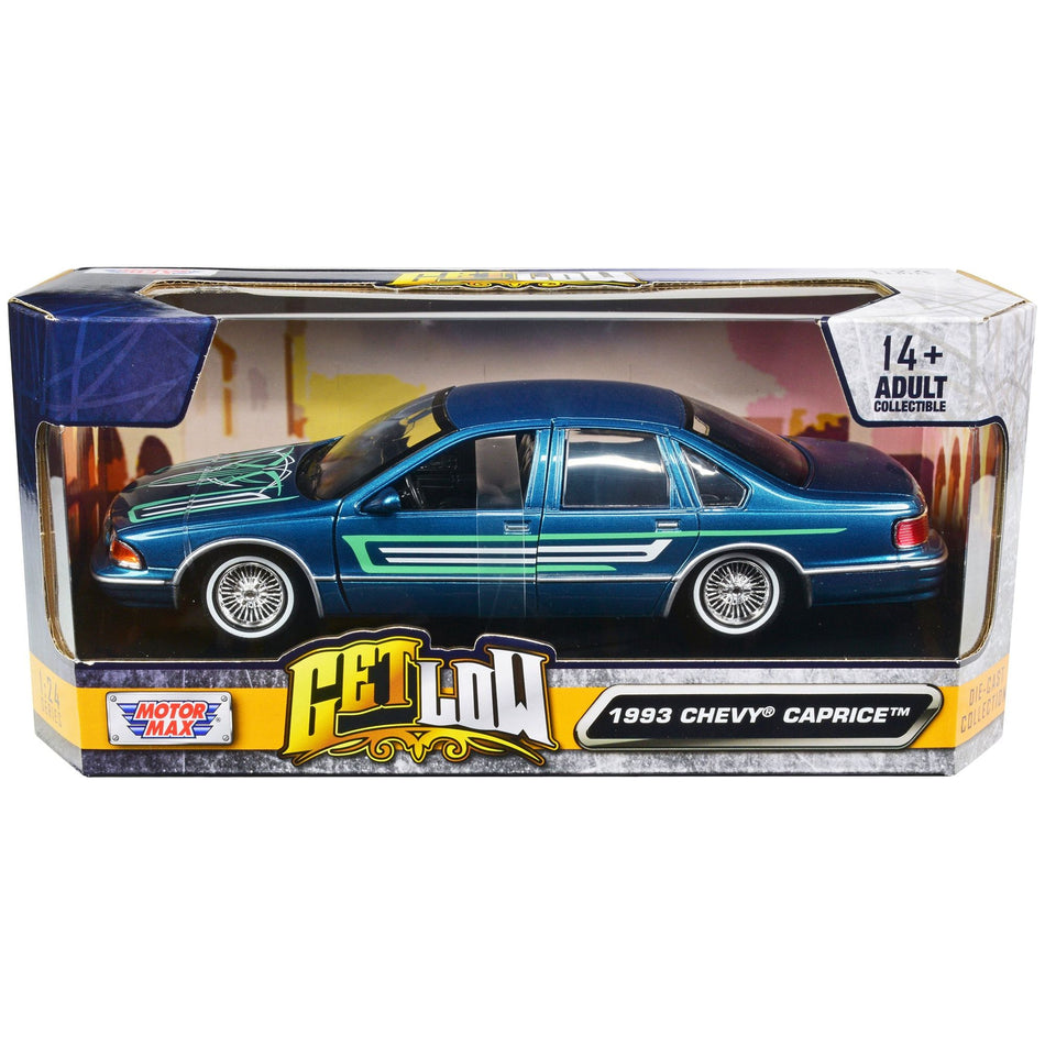 1993 Chevrolet Caprice Lowrider Blue Metallic with Graphics "Get Low" Series 1/24 Diecast Model Car by Motormax