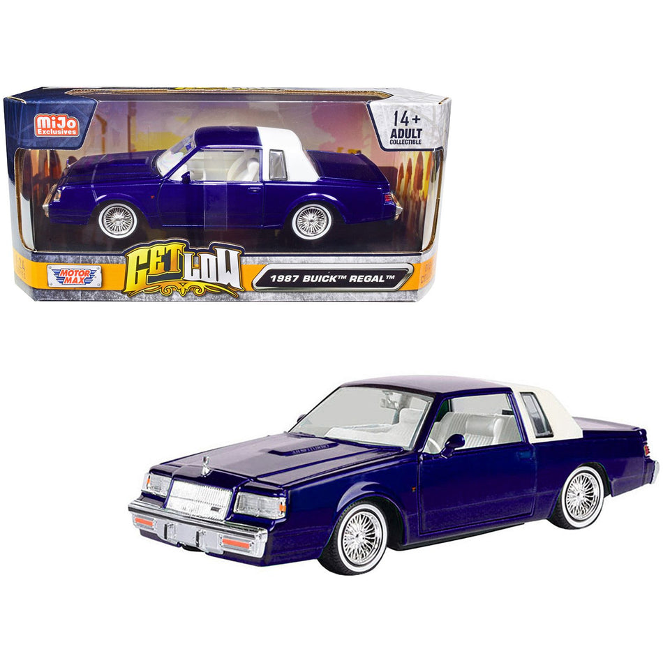 1987 Buick Regal Candy Blue Metallic with Rear Section of Roof White and White Interior "Get Low" Series 1/24 Diecast Model Car by Motormax