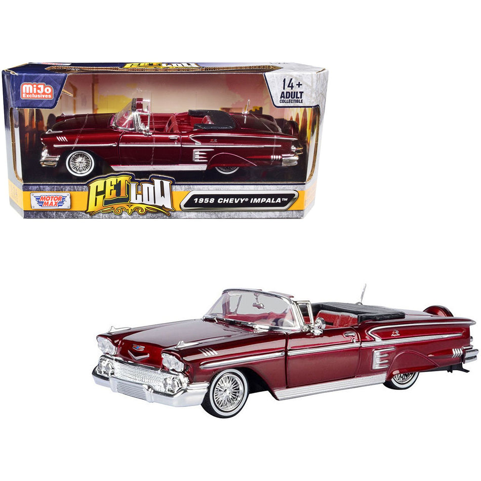 1958 Chevrolet Impala Convertible Lowrider Dark Red Metallic with Red Interior "Get Low" Series 1/24 Diecast Model Car by Motormax