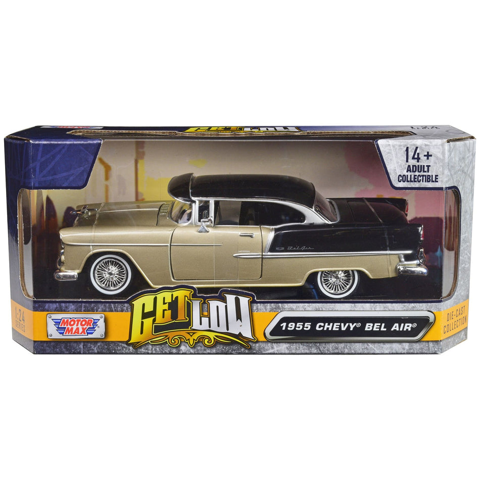 1955 Chevrolet Bel Air Lowrider Hard Top Beige Metallic and Black "Get Low" Series 1/24 Diecast Car Model by Motormax