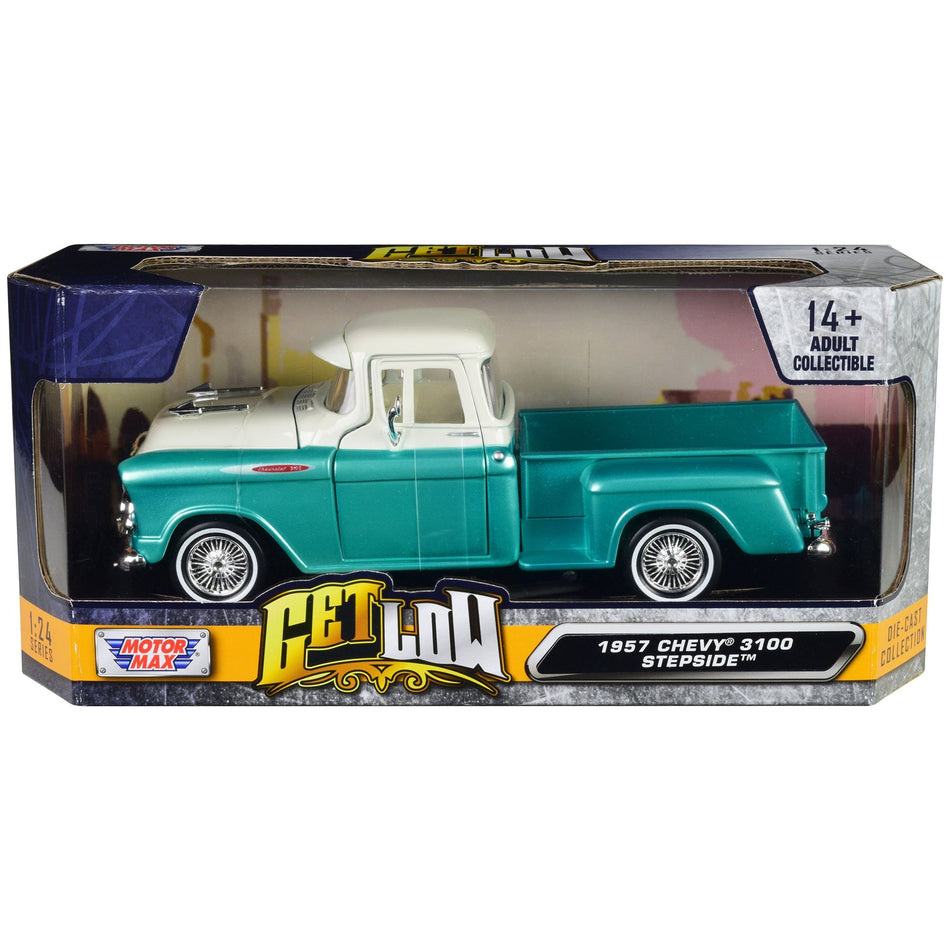 1957 Chevrolet 3100 Stepside Pickup Truck Lowrider Turquoise Metallic and White with White Interior "Get Low" Series 1/24 Diecast Model Car by Motormax