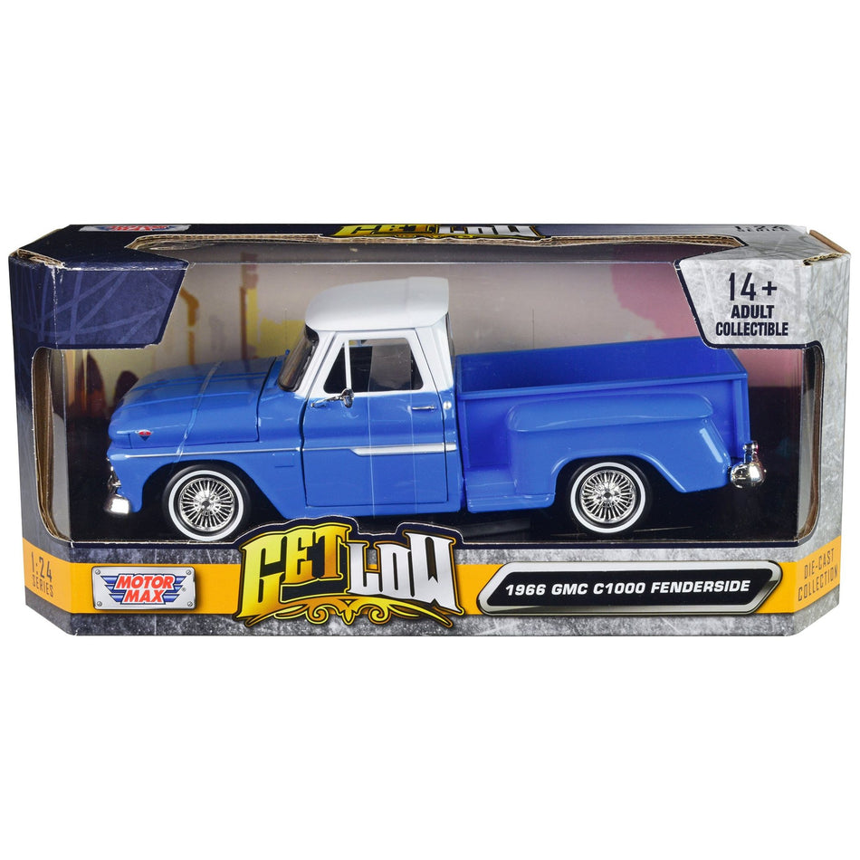 1966 GMC C1000 Fenderside Pickup Truck Lowrider Blue with White Top "Get Low" Series 1/24 Diecast Model Car by Motormax