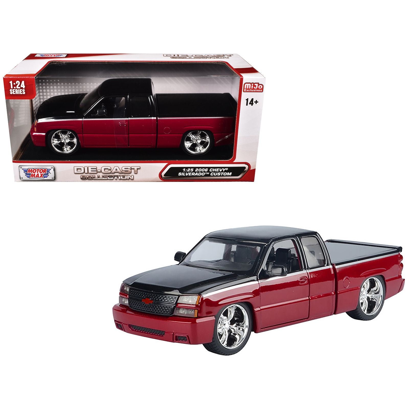 2006 Chevrolet Silverado Custom Pickup Truck Red Metallic and Black with Silver Stripes "Die-Cast Collection" Series 1/25 Diecast Model Car by Motormax