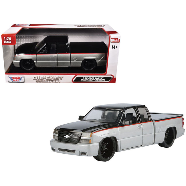 2006 Chevrolet Silverado Custom Pickup Truck Silver Metallic and Black with Red Stripes "Die-Cast Collection" Series 1/25 Diecast Model Car by Motormax