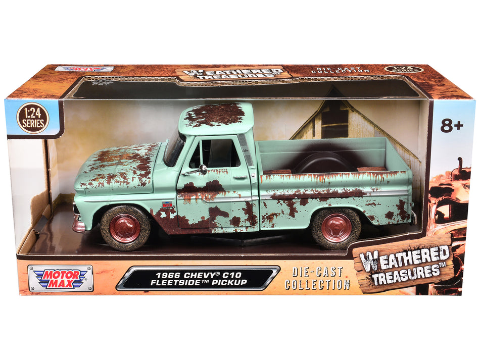 1966 Chevrolet C10 Fleetside Pickup Truck Light Green (Rusted) "Weathered Treasures" Series 1/24 Diecast Model Car by Motormax