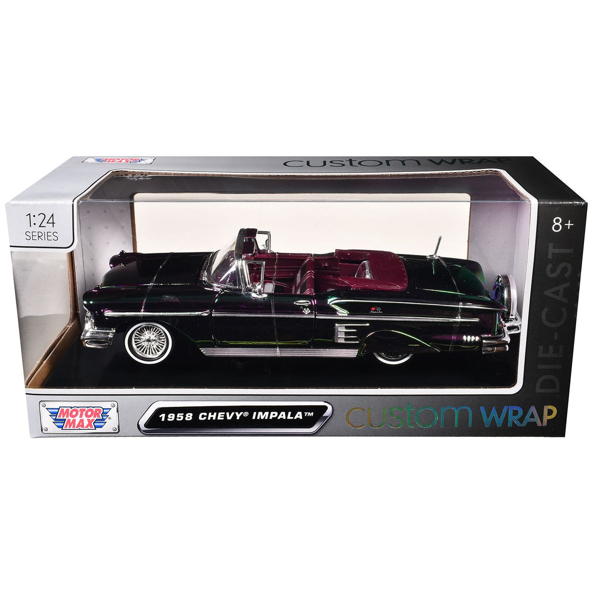 1958 Chevrolet Impala Green and Purple Chrome "Custom Wrap" Series 1/24 Diecast Model Car by Motormax