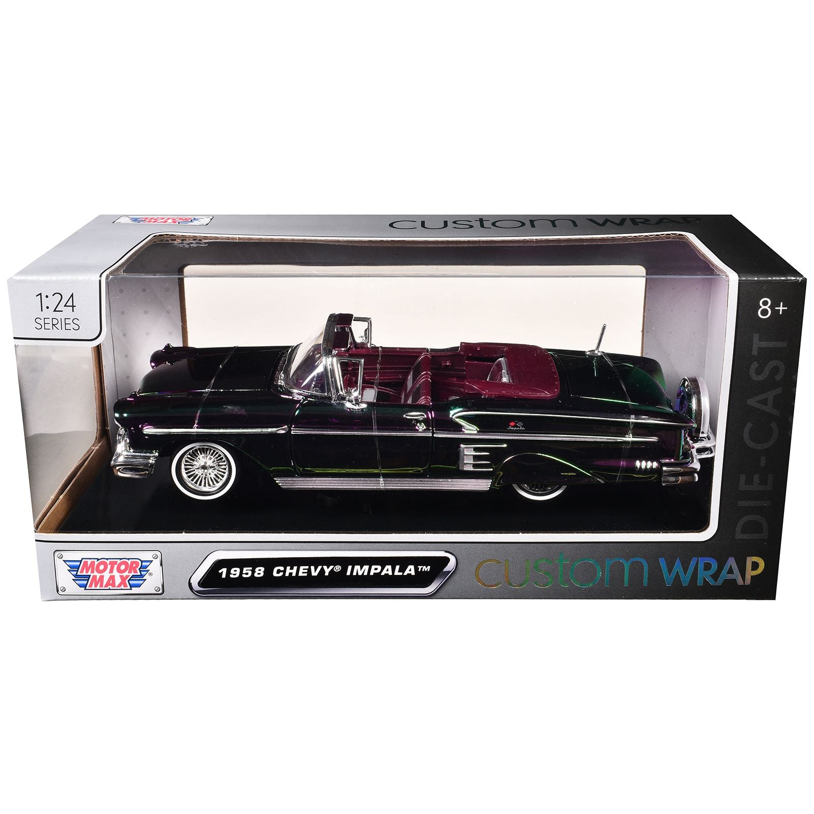1958 Chevrolet Impala Green and Purple Chrome "Custom Wrap" Series 1/24 Diecast Model Car by Motormax