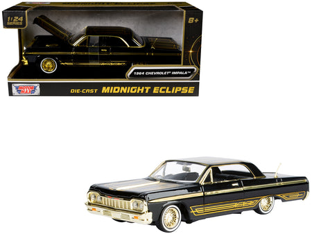 1964 Chevrolet Impala Lowrider Black with Gold Graphics and Wheels "Midnight Eclipse" Series 1/24 Diecast Model Car by Motormax