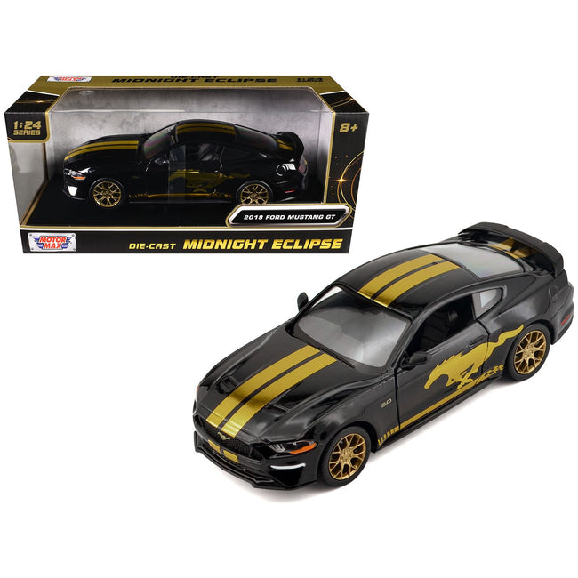 2018 Ford Mustang GT 5.0 Black with Gold Stripes and Graphics "Midnight Eclipse" Series 1/24 Diecast Model Car by Motormax