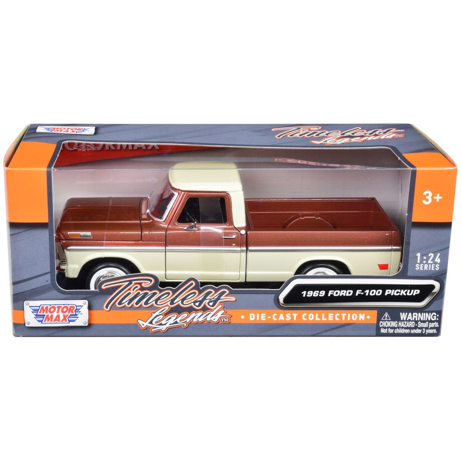 1969 Ford F-100 Pickup Truck Brown Metallic and Cream "Timeless Legends" 1/24 Diecast Model Car by Motormax