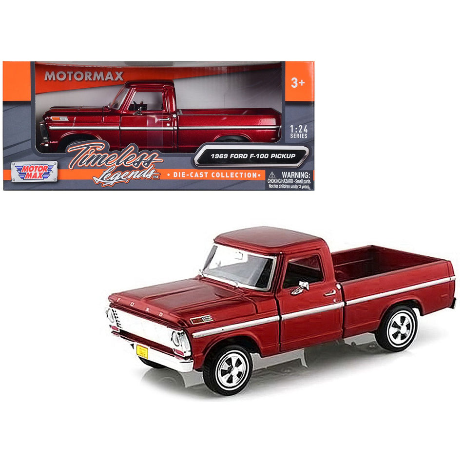 1969 Ford F-100 Pickup Truck Burgundy 1/24 Diecast Model Car by Motormax