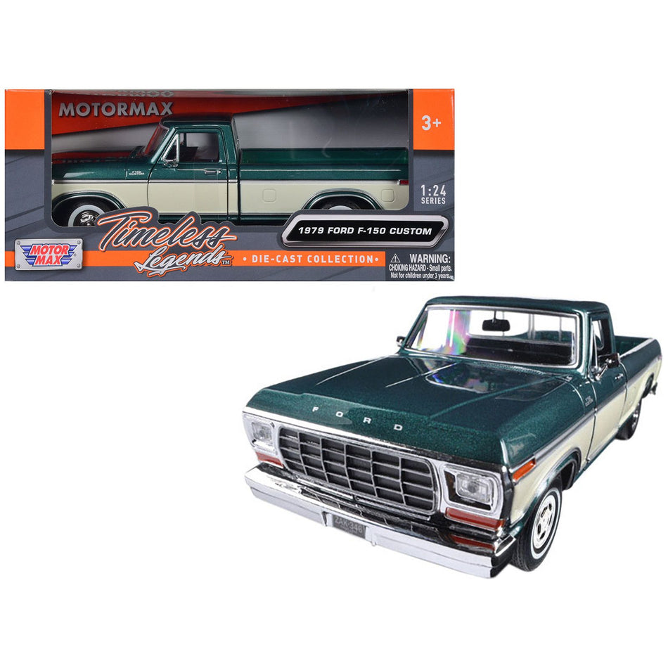 1979 Ford F-150 Pickup Truck Green Metallic and Cream 1/24 Diecast Model Car by Motormax