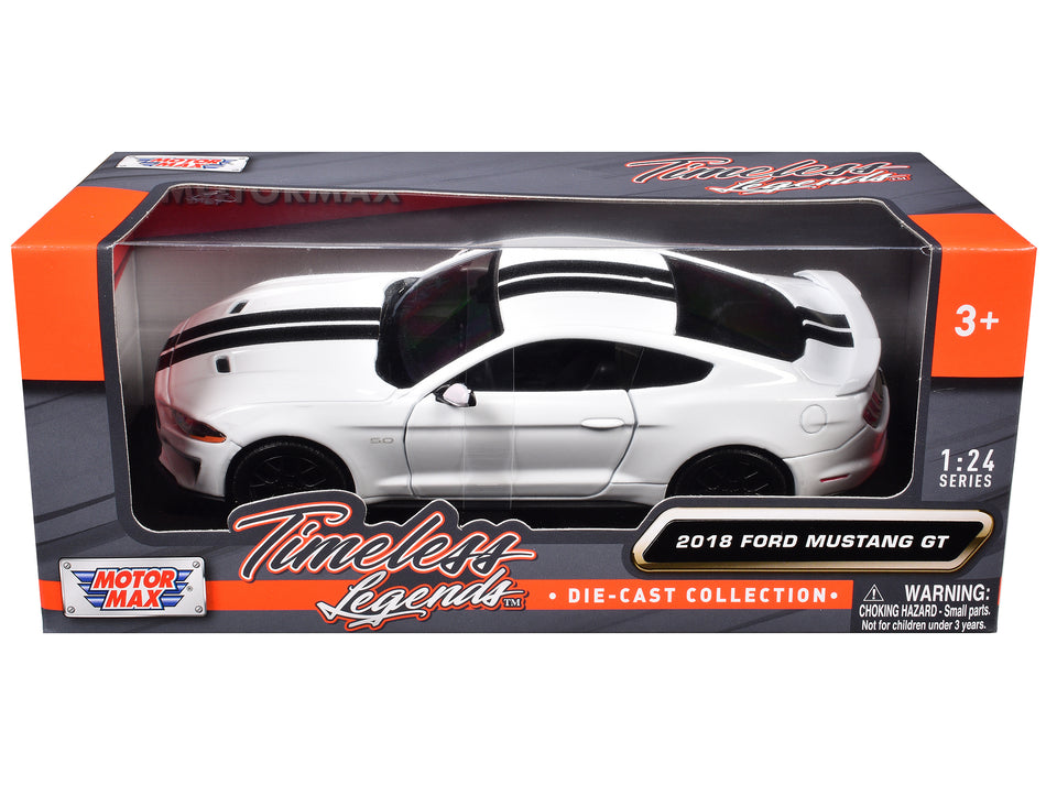 2018 Ford Mustang GT 5.0 White with Black Stripes "Timeless Legends" Series 1/24 Diecast Model Car by Motormax