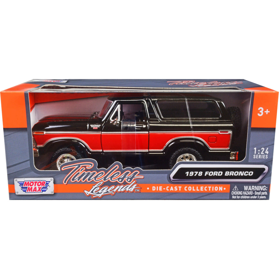 1978 Ford Bronco Ranger XLT with Spare Tire Black and Red "Timeless Legends" Series 1/24 Diecast Model Car by Motormax