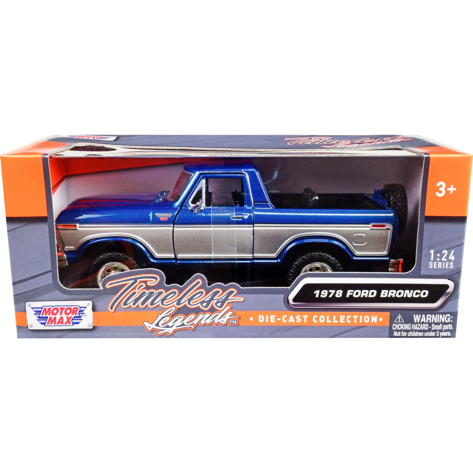 1978 Ford Bronco Ranger XLT (Open Top) with Spare Tire Blue Metallic and Silver "Timeless Legends" Series 1/24 Diecast Model Car by Motormax