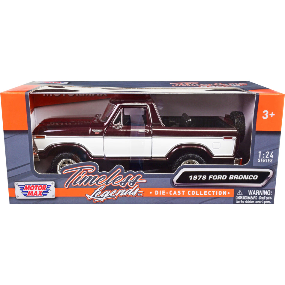 1978 Ford Bronco Ranger XLT (Open Top) with Spare Tire Burgundy Metallic and White "Timeless Legends" Series 1/24 Diecast Model Car by Motormax