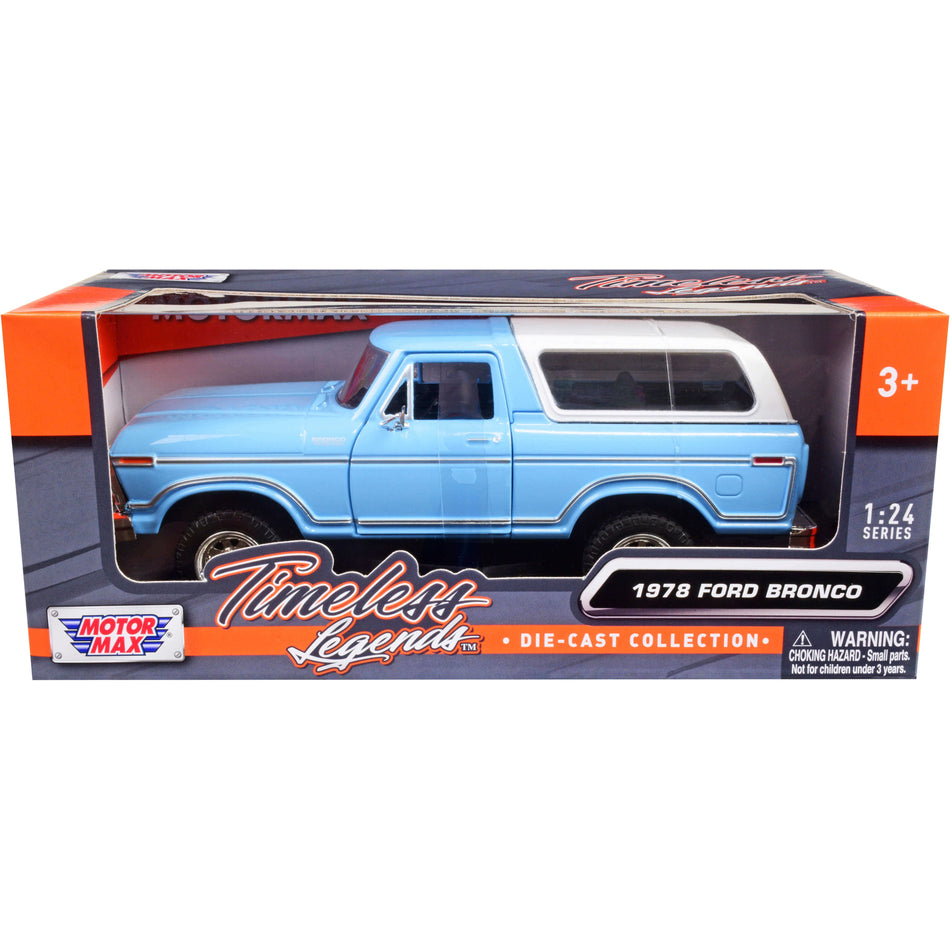 1978 Ford Bronco Custom Light Blue and White "Timeless Legends" Series 1/24 Diecast Model Car by Motormax