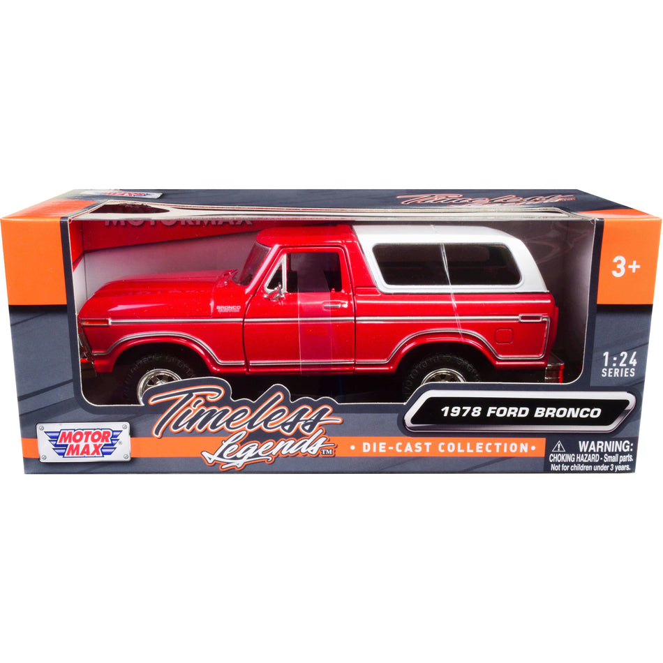 1978 Ford Bronco Custom Red and White "Timeless Legends" Series 1/24 Diecast Model Car by Motormax