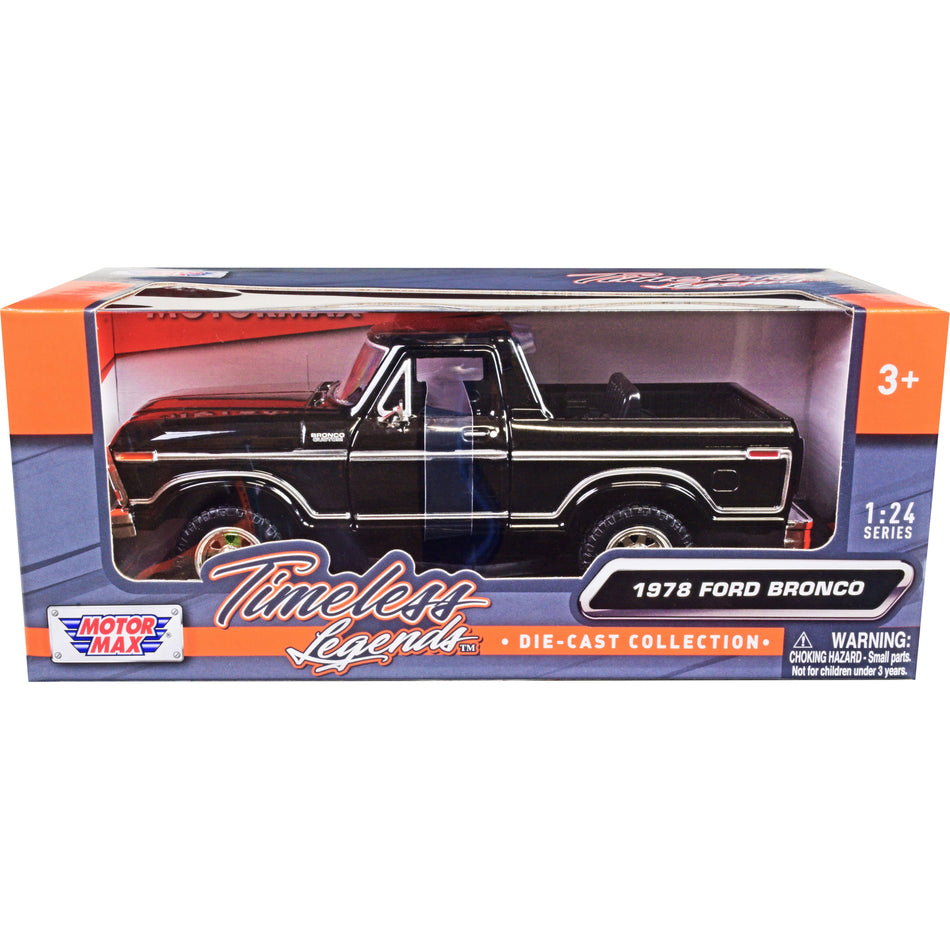 1978 Ford Bronco Custom (Open Top) Black "Timeless Legends" Series 1/24 Diecast Model Car by Motormax