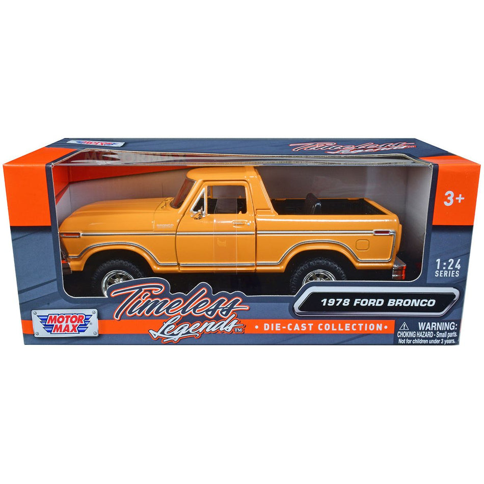 1978 Ford Bronco Custom (Open Top) Yellow with "Timeless Legends" Series 1/24 Diecast Model Car by Motormax