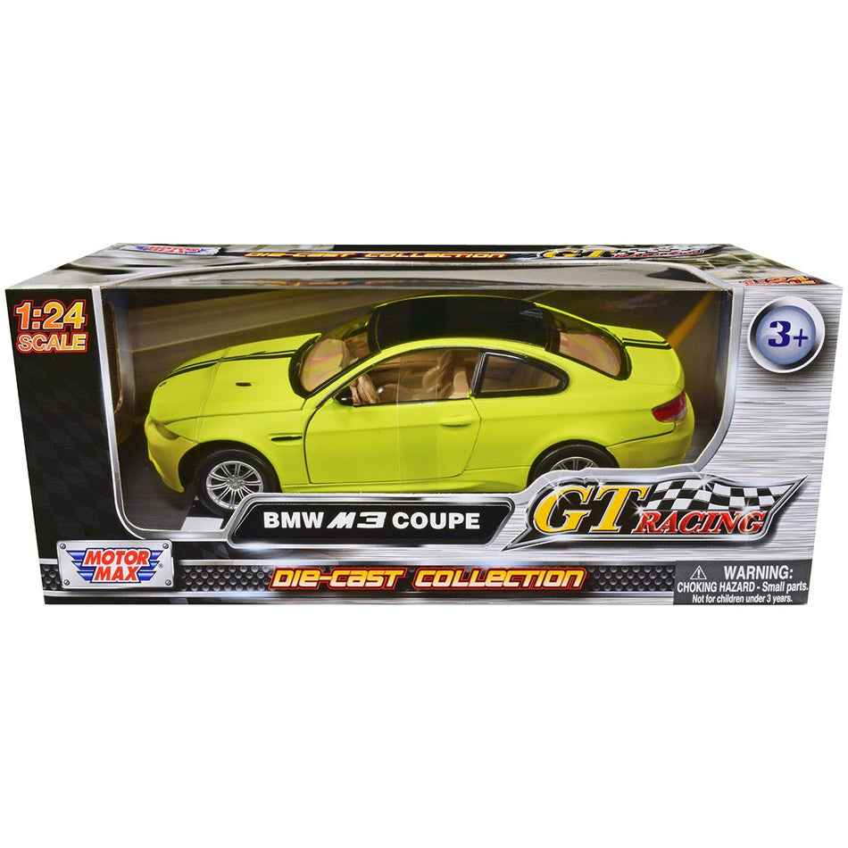 BMW M3 Coupe Neon Yellow with Matt Black Top and Stripes "GT Racing" Series 1/24 Diecast Model Car by Motormax