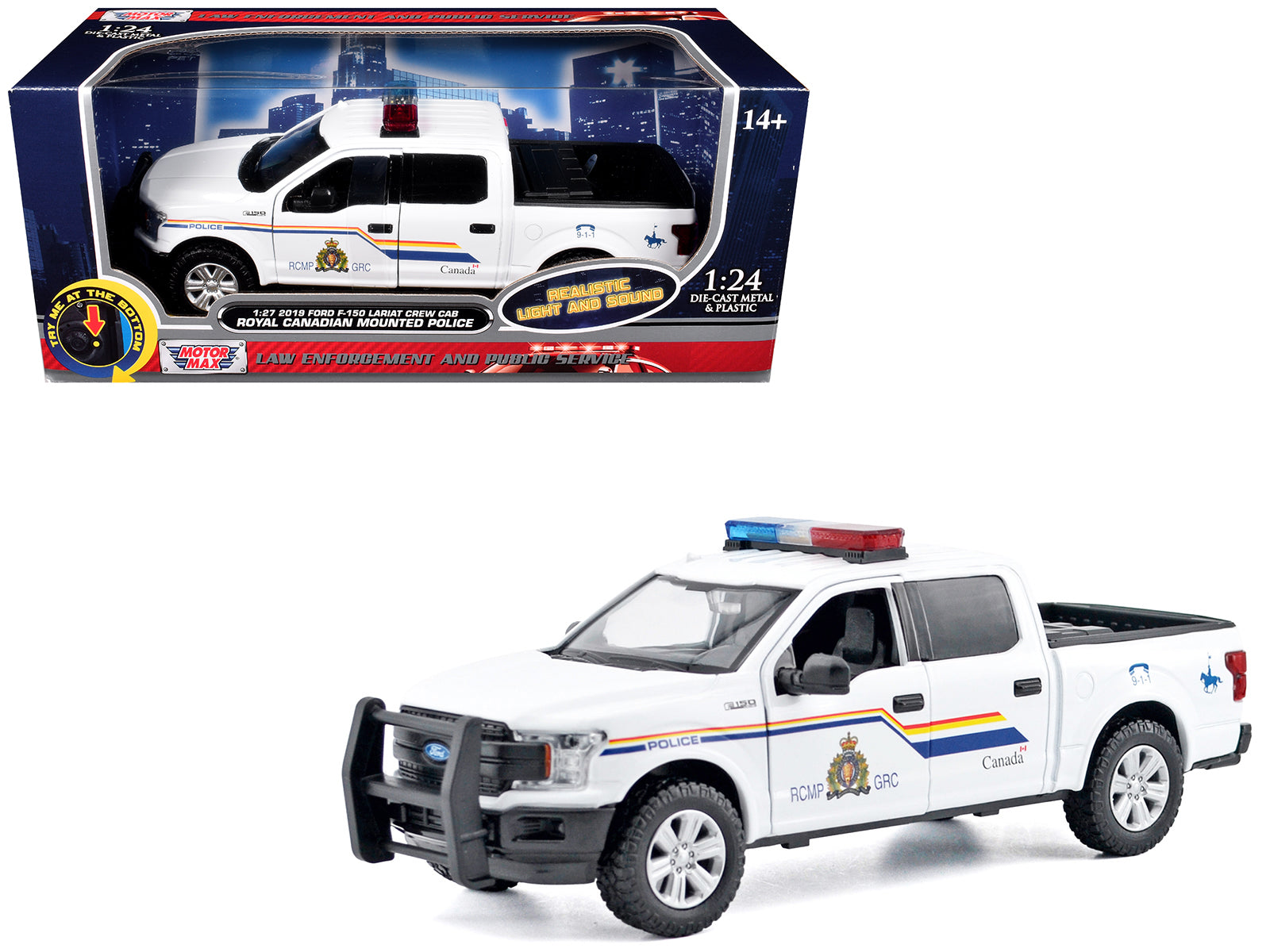 2019 Ford F-150 Lariat Crew Cab Pickup Truck "Royal Canadian Mounted Police" White with Flashing Light Bar and Front and Rear Lights and Sounds "Law Enforcement and Public Service" Series 1/27 Diecast Model Car by Motormax