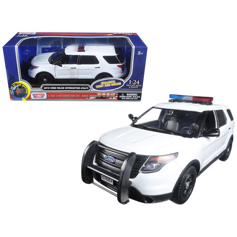 2015 Ford Police Interceptor Utility White with Flashing Light Bar and Front and Rear Lights and 2 Sounds 1/24 Diecast Model Car by Motormax