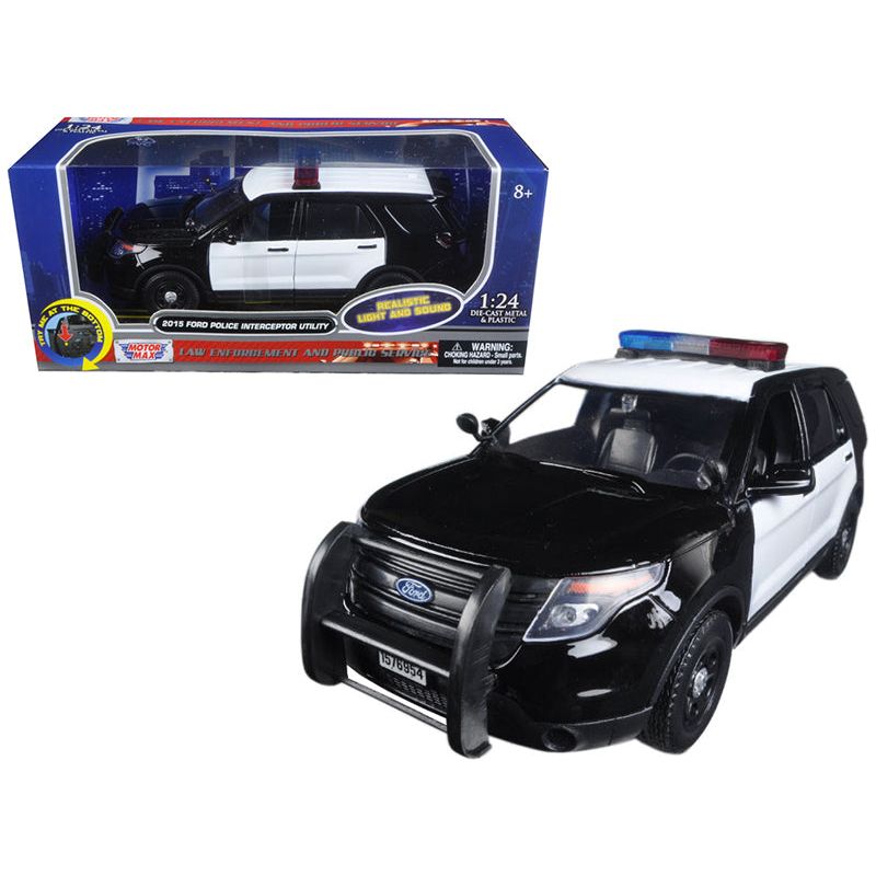 2015 Ford Police Interceptor Utility Black and White with Flashing Light Bar and Front and Rear Lights and 2 Sounds 1/24 Diecast Model Car by Motormax