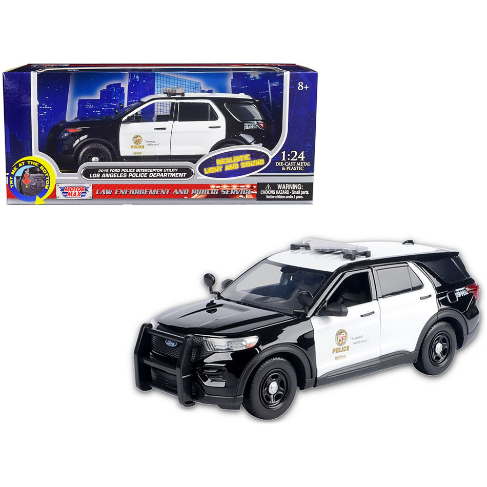 2015 Ford Police Interceptor Utility Black and White "Los Angeles Police Department (LAPD)" with Flashing Light Bar and Front and Rear Lights and Sounds 1/24 Diecast Model Car by Motormax