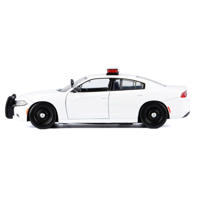 2023 Dodge Charger Pursuit Police Car Unmarked White with Flashing Light Bar Front and Rear Lights and 2 Sounds "Builder's Kit" 1/24 Diecast Model Car by Motormax