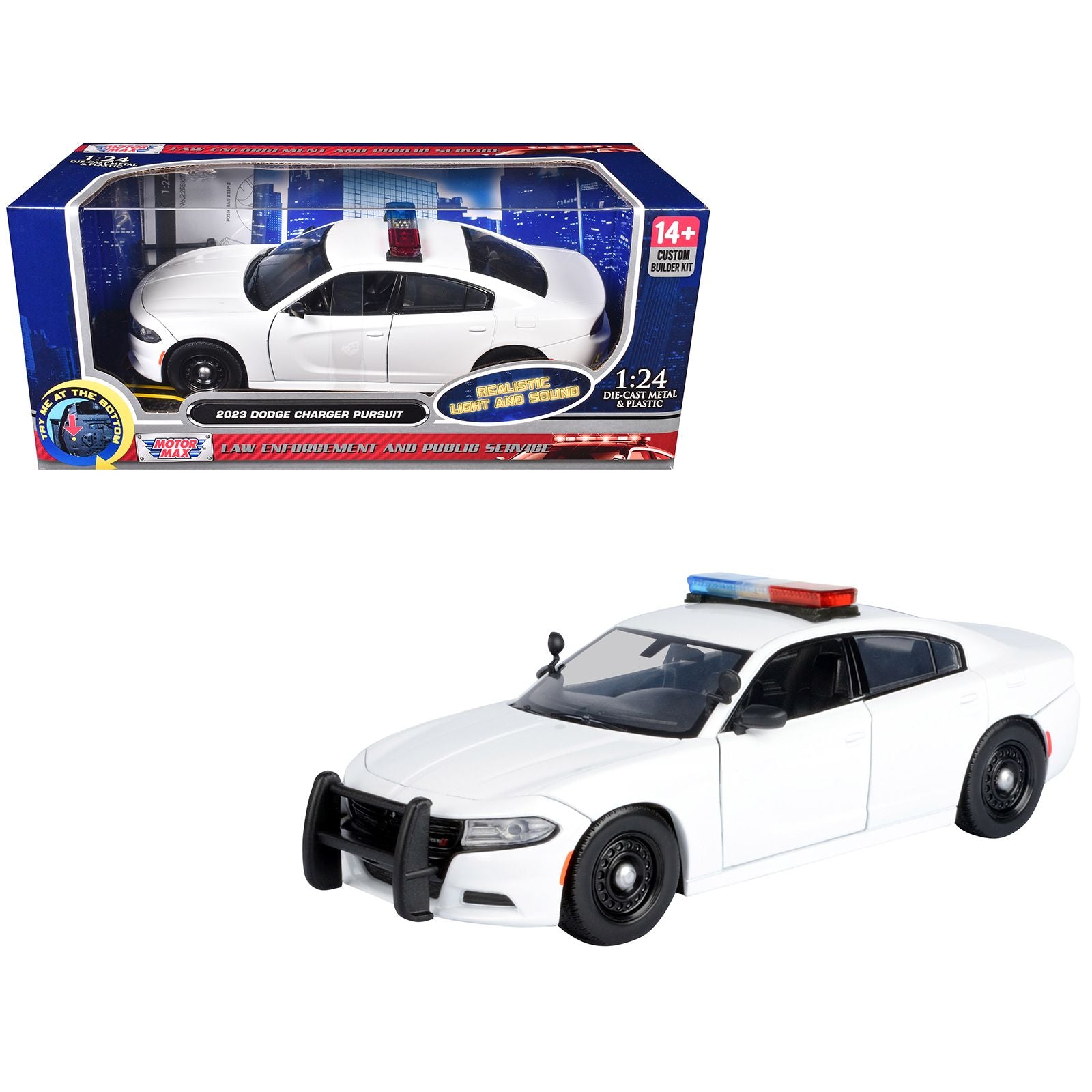 2023 Dodge Charger Pursuit Police Car Unmarked White with Flashing Light Bar Front and Rear Lights and 2 Sounds "Builder's Kit" 1/24 Diecast Model Car by Motormax