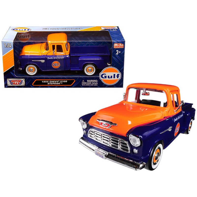 1955 Chevrolet 5100 Stepside Pickup Truck "Gulf" Dark Blue and Orange 1/24 Diecast Model Car by Motormax