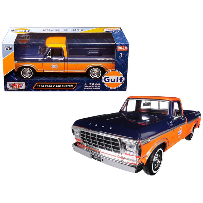 1979 Ford F-150 Custom Pickup Truck "Gulf" Dark Blue and Orange 1/24 Diecast Model Car by Motormax