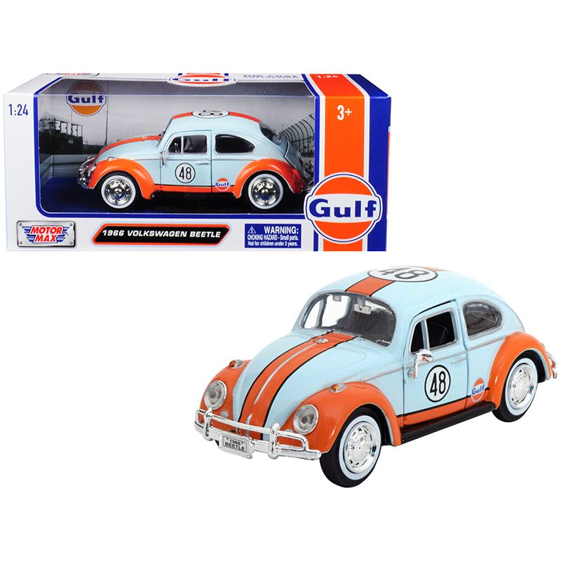 1966 Volkswagen Beetle #48 with "Gulf" Livery Light Blue with Orange Stripe 1/24 Diecast Model Car by Motormax