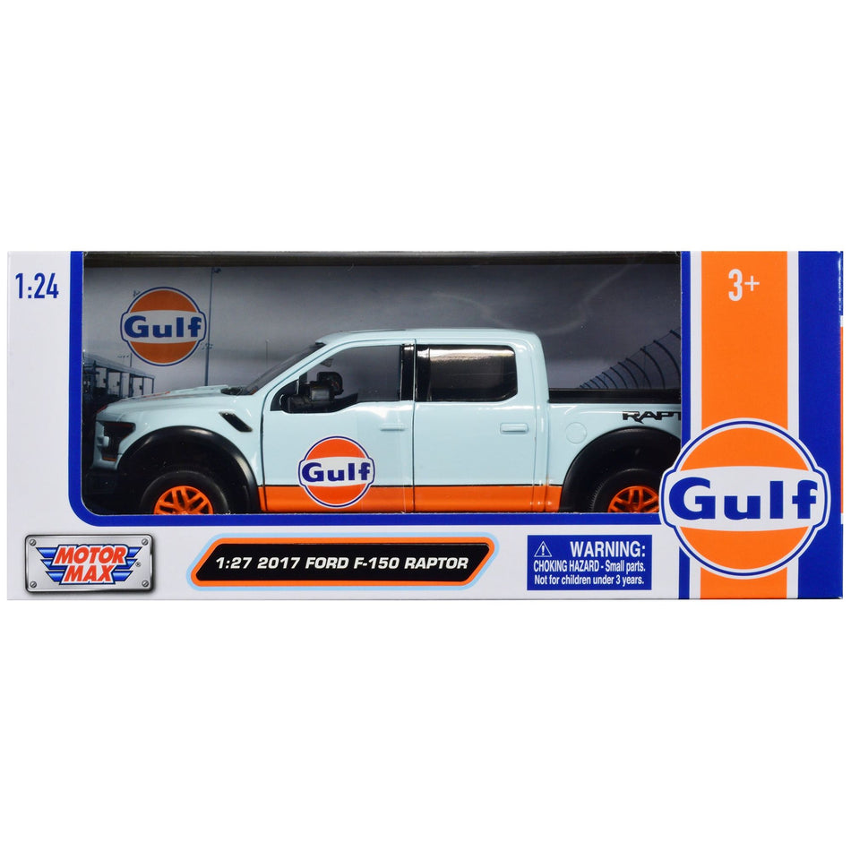 2017 Ford F-150 Raptor Pickup Truck Light Blue with Orange Stripes "Gulf Oil" "Gulf Die-Cast Collection" 1/27 Diecast Model Car by Motormax