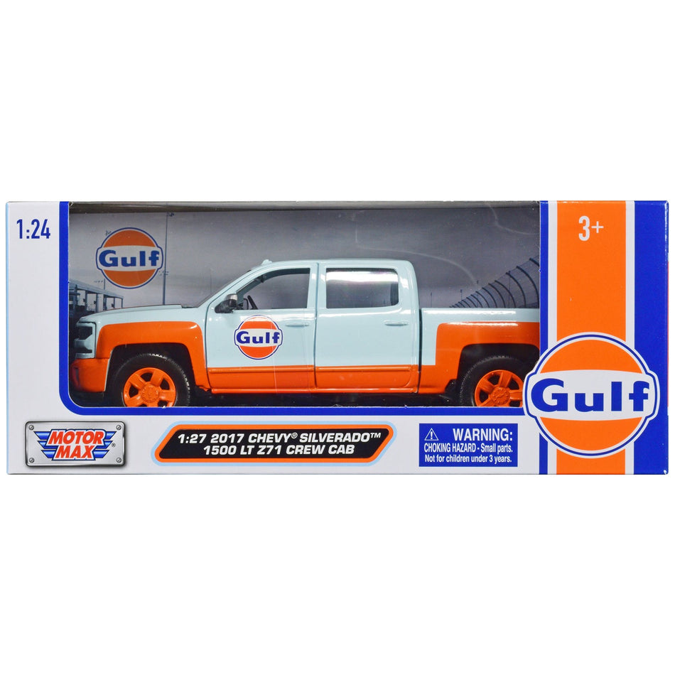 2017 Chevrolet Silverado 1500 LT Z71 Crew Cab Pickup Truck Light Blue with Orange Stripes "Gulf Oil" "Gulf Die-Cast Collection" 1/27 Diecast Model Car by Motormax