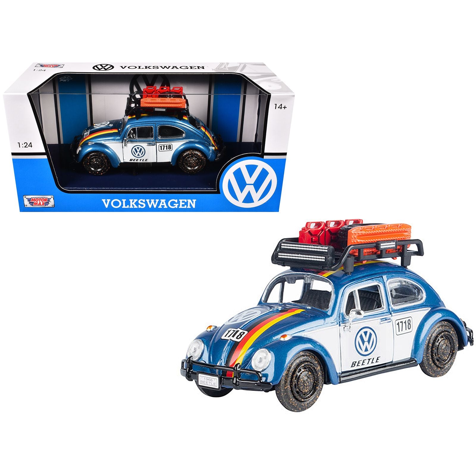 1966 Volkswagen Beetle Off Road #1718 Blue Metallic and White with German Flag Stripes and Roof Rack Accessories 1/24 Diecast Model Car by Motormax