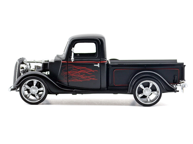 1937 Ford Pickup Truck Matt Black with Red Flame Graphics "Kult Klassics" Series 1/24 Diecast Model Car by Motormax