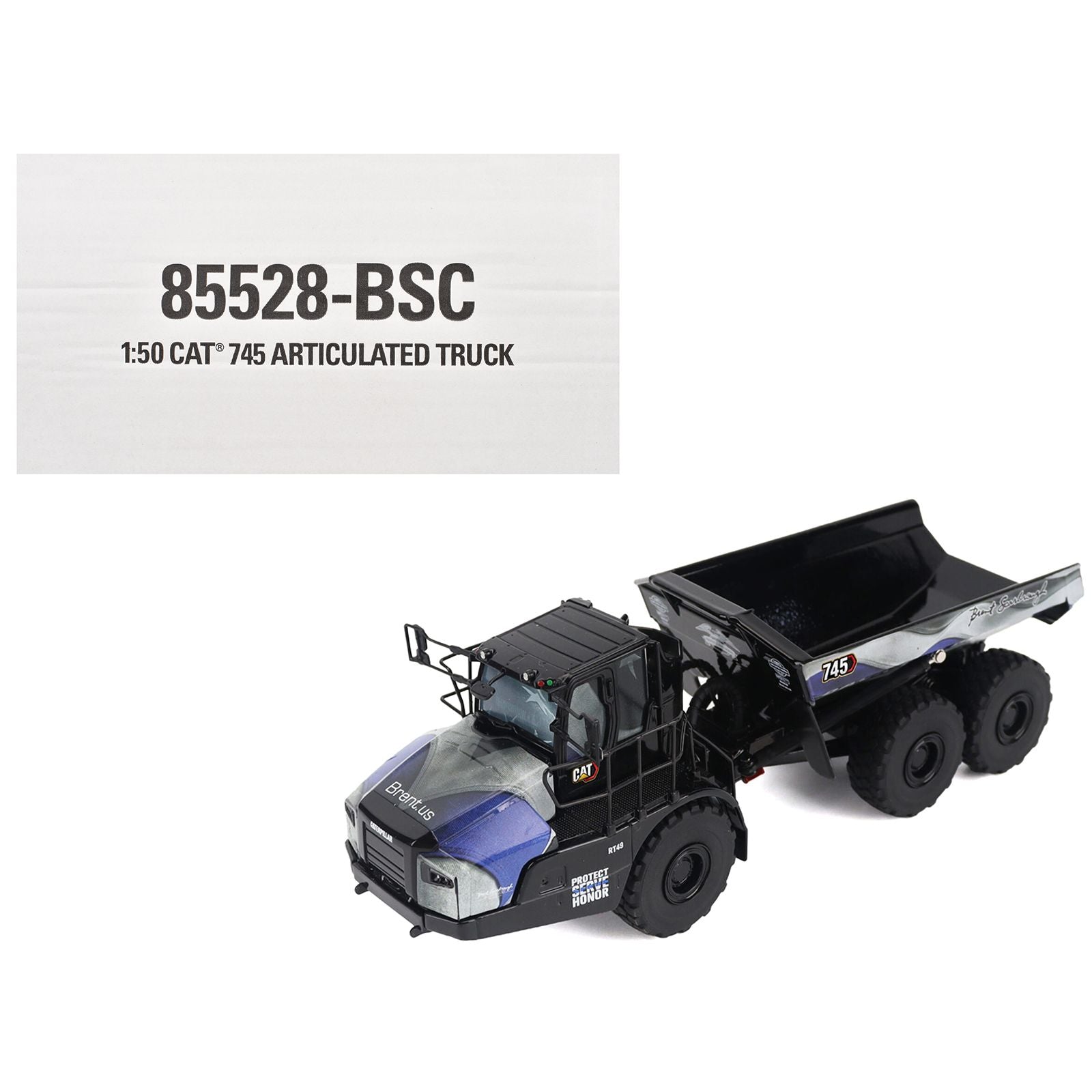 CAT Caterpillar 745 Articulated Dump Truck "Brent Scarbrough & Co. - Back the Blue" Black with Graphics "High Line" Series 1/50 Diecast Model by Diecast Masters