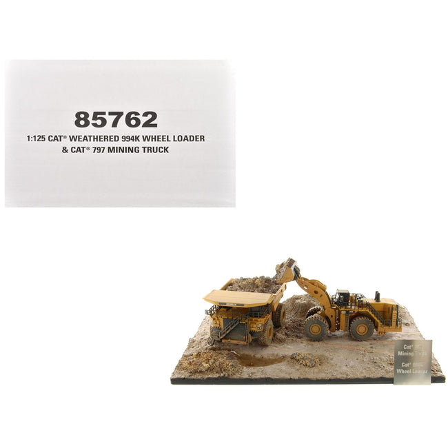 CAT Caterpillar 994K Wheel Loader and 797 Mining Truck Yellow (Weathered) Set of 2 Pieces "Weathered Series" 1/125 Diecast Model by Diecast Masters